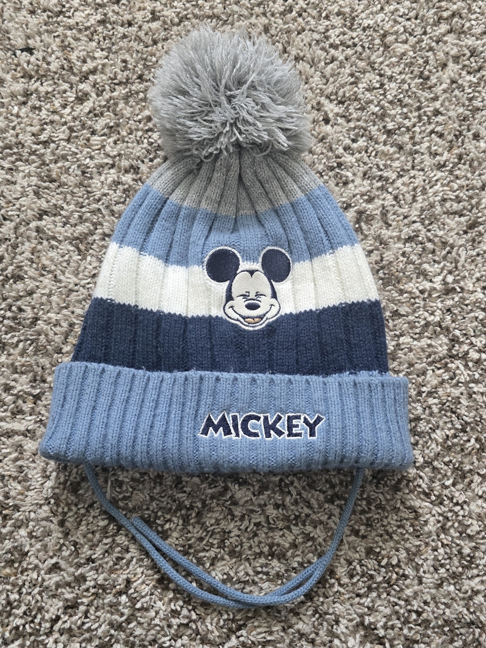 Disney Blue, Navy, White and Gray Striped Mickey Pom-Pom Kids Beanie